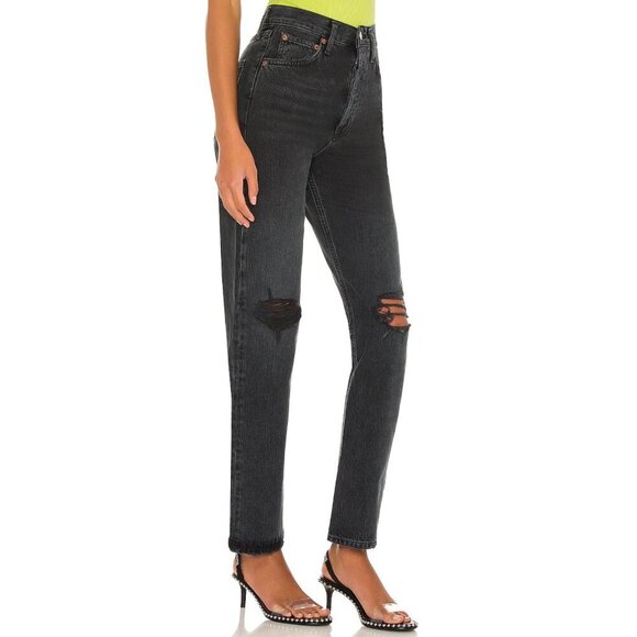 Agolde Black 90s Pinch Waist Destroyed Cotton Denim Straight Jeans 37672 - Picture 14 of 14